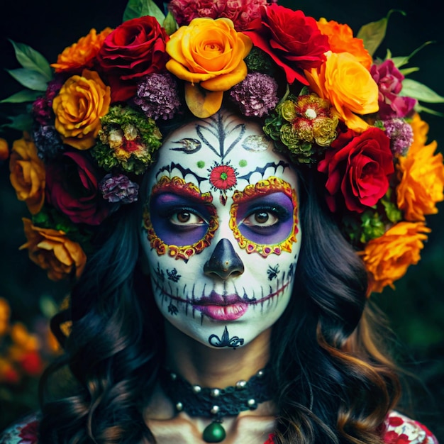 Photo a woman with a skull and flowers on her head is posing for a photo