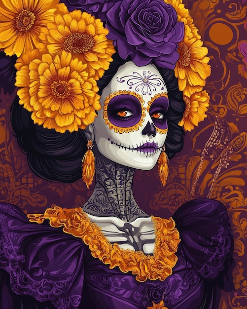 a woman with a skull and flowers on her head is surrounded by flowers