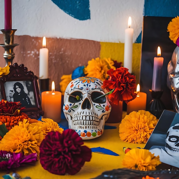 Photo a woman with a skull and flowers on her head is wearing a costume with a flower on it