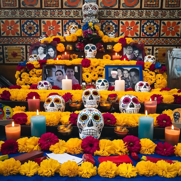 Photo a woman with a skull and flowers on her head is wearing a costume with a flower on it