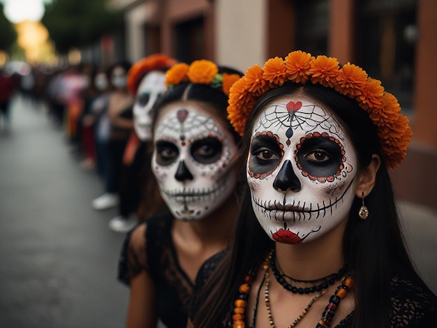 a woman with a skull and flowers on her head stands in front of a crowd of people