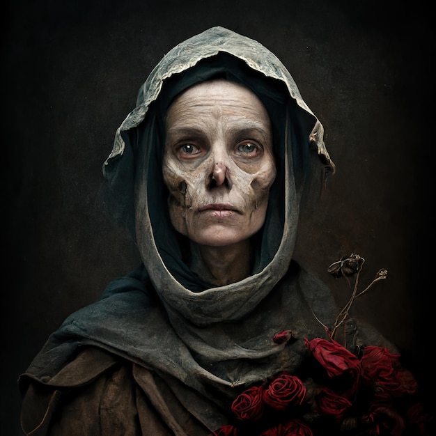 A woman with a skull on her face and red roses in the background