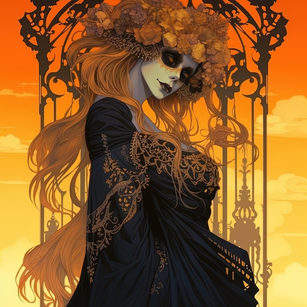 a woman with a skull in her hair is standing in front of a gate with a golden sky in the background.