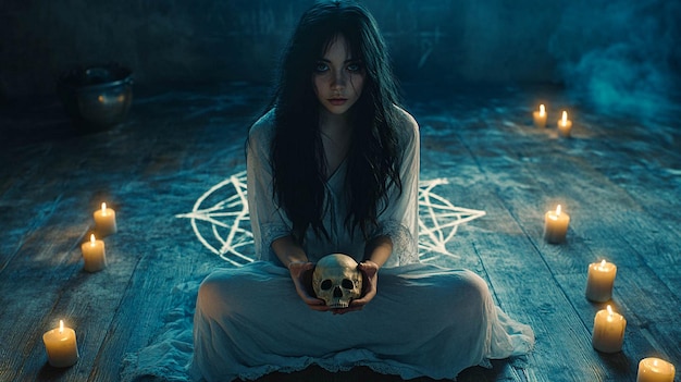 a woman with a skull in her hands is sitting in front of a skull