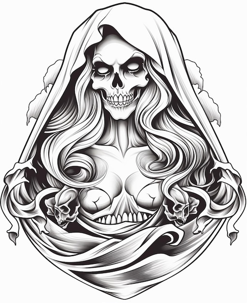 a woman with a skull in her hood and roses tattoo design generative ai