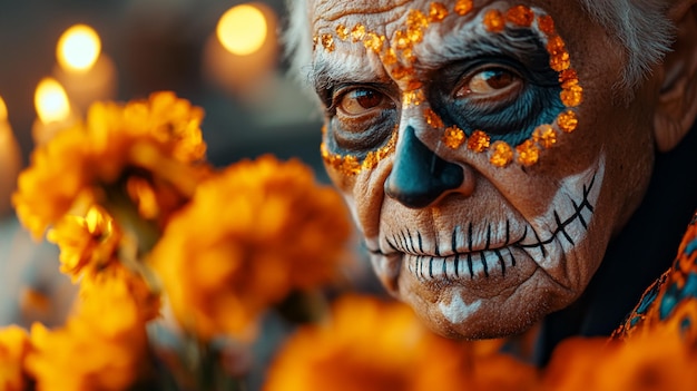 Photo a woman with a skull painted on her face and some flowers