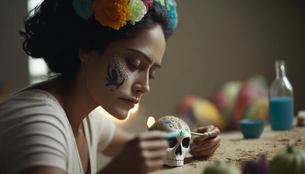 Photo a woman with a skull painted on her face and the words quot painted on it quot