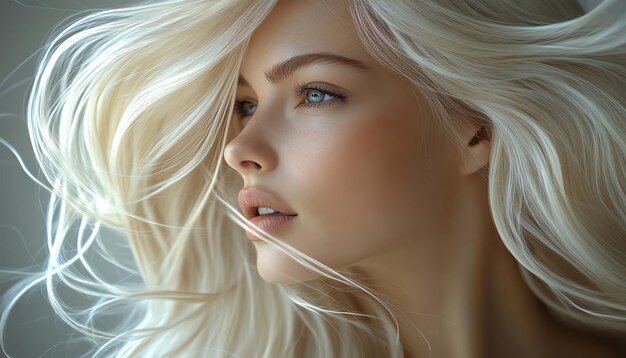 Photo woman with sleek straight platinum blonde hair posed in motion exuding elegance