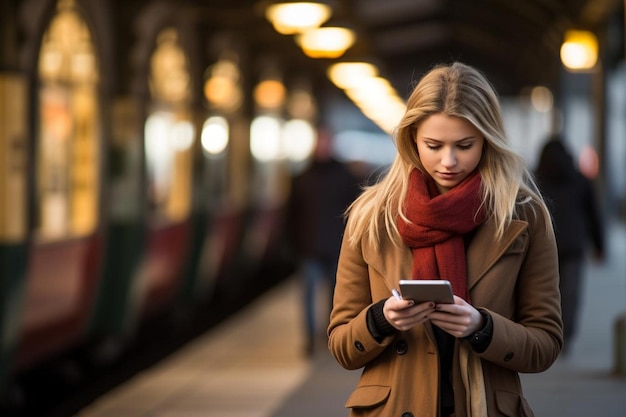 Woman with smartphone on railway station