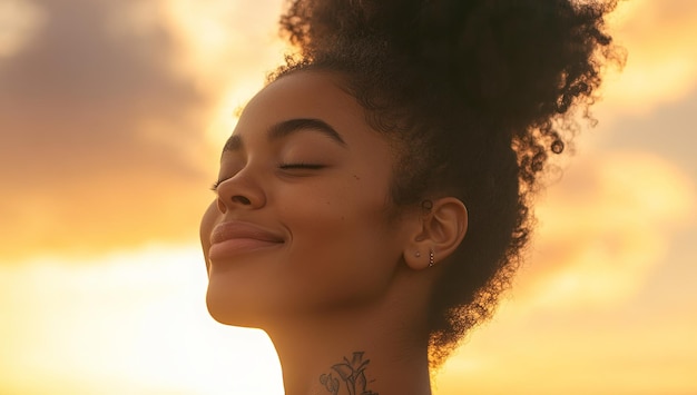 A woman with a smile on her face and her hair in a bun