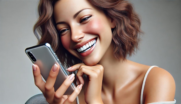 a woman with a smile on her face is holding a phone with a smile that says smile