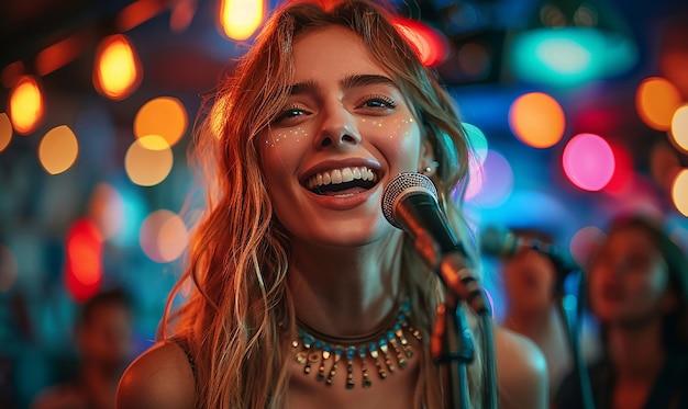 Photo a woman with a smile on her face is singing in front of a microphone