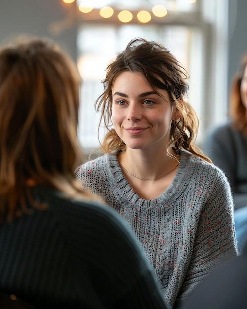 A woman with a smile on her face is sitting next to another woman