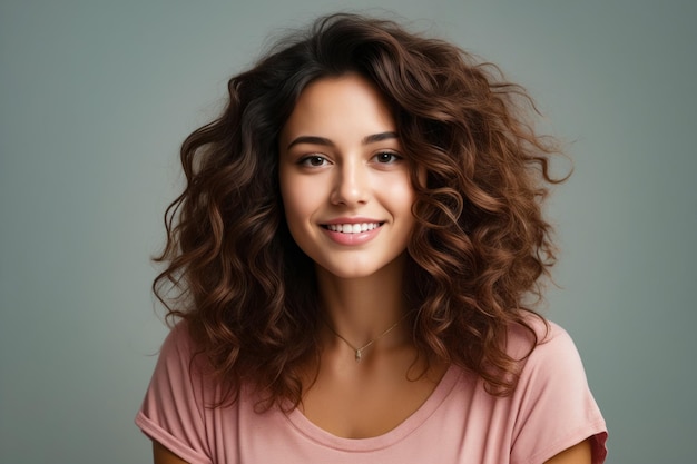 Woman with smile on her face and long curly hair Generative AI