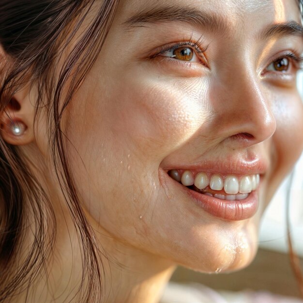 a woman with a smile that says  natural  on the face