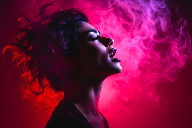 a woman with smoke coming out of her mouth