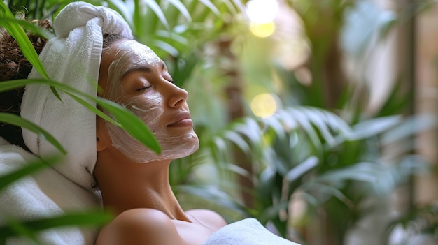 Woman with a snail mucin face mask her eyes closed in a home spa setting with lush green foliage