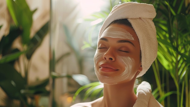 Woman with a snail mucin face mask her eyes closed in a home spa setting with lush green foliage