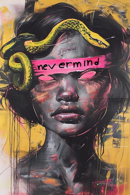 A woman with a snake in her hair with the words nevermind covering her eyes