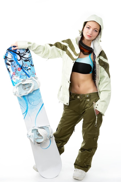 Woman with a snowboard isolated on white