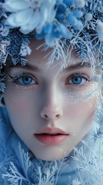 Photo a woman with snowflakes on her face and the snowflakes on her face