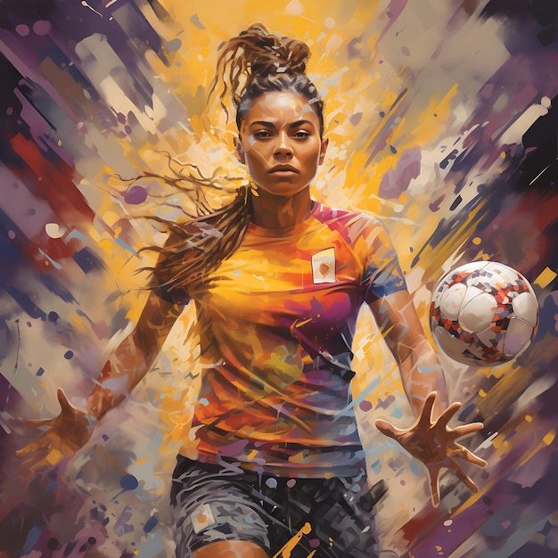 Photo a woman with a soccer ball and a colorful shirt female football concept