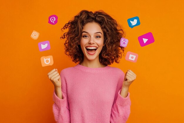 Photo a woman with social media logos floating around her head on an orange background