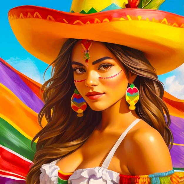 a woman with a sombrero on her head is painted in a colorful poster