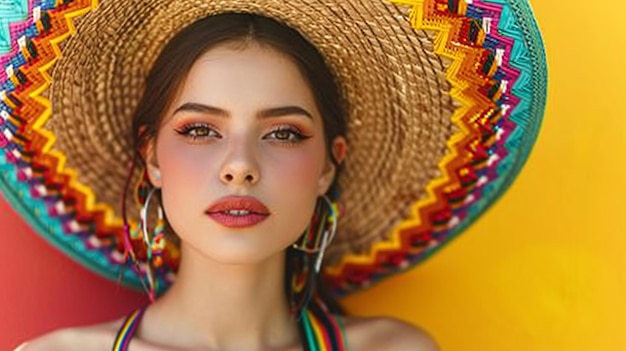 a woman with a sombrero is posing in front of a yellow background