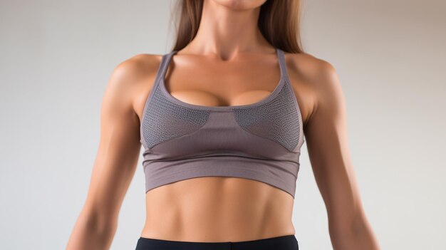 a woman with a sports bra on her chest