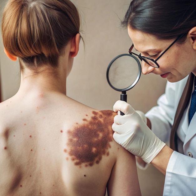 Photo a woman with a stethoscope on her back is holding a young boys back