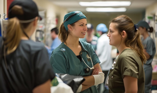 a woman with a stethoscope on her head is talking to a man in a green uniform