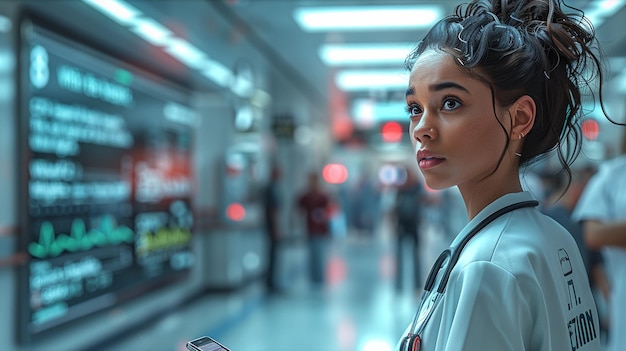 a woman with a stethoscope on her head stands in a hallway