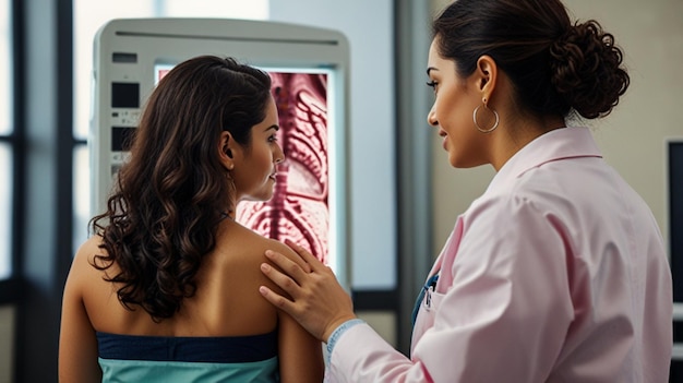 a woman with a stethoscope on her neck stands next to a male patient