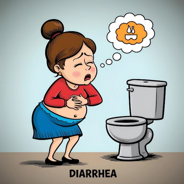 A woman with stomach pain standing in front of a toilet excrement sitting on a toilet