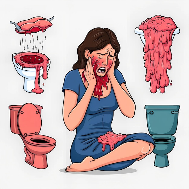 A woman with stomach pain standing in front of a toilet excrement sitting on a toilet