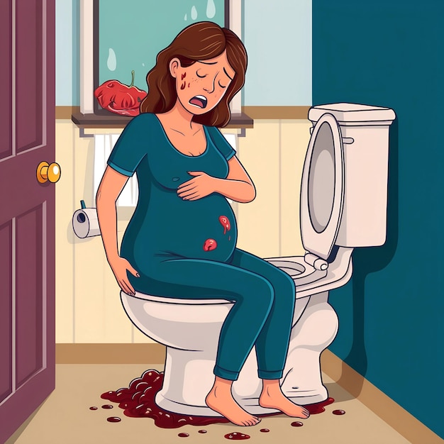 A woman with stomach pain standing in front of a toilet excrement sitting on a toilet