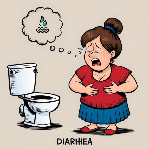 A woman with stomach pain standing in front of a toilet excrement sitting on a toilet