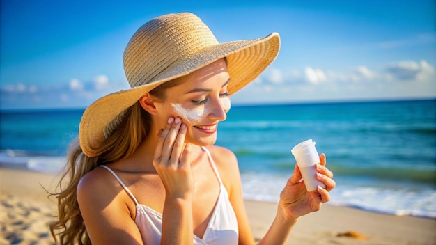 a woman with a straw hat and a bottle of soap on the beach