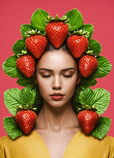 Photo a woman with a strawberry hair cut in half with a red background