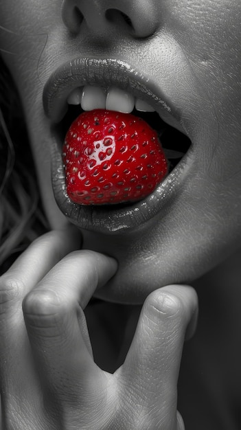 a woman with a strawberry in her mouth with a white logo on the side