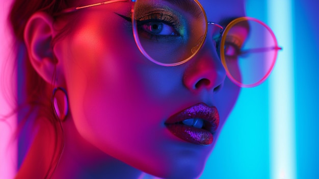 Woman with stylish glasses is highlighted inn vibrant neon lights in pink and blue creating a striking highfashion look