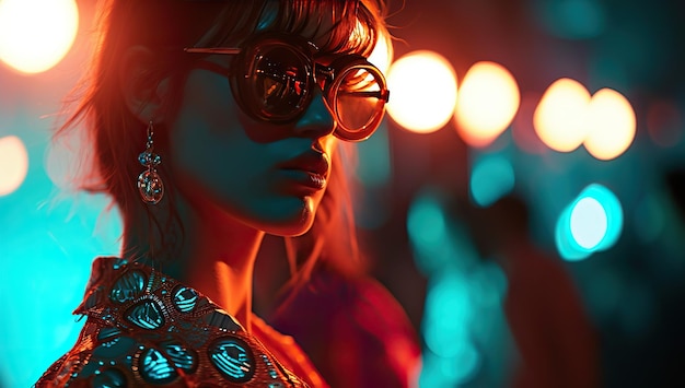 A woman with stylish sunglasses and an earring set against a background of vibrant bokeh lights The concept is modern fashion