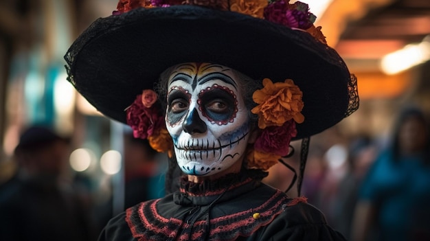 A woman with a sugar skull face paint