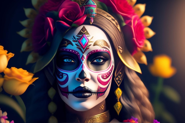 A woman with a sugar skull face painted.