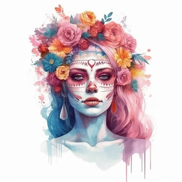 a woman with a sugar skull makeup and flowers in her hair generative ai