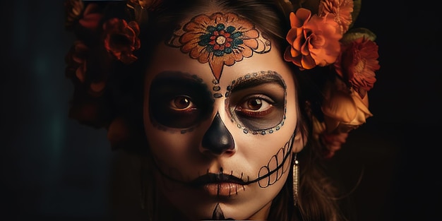 A woman with a sugar skull makeup