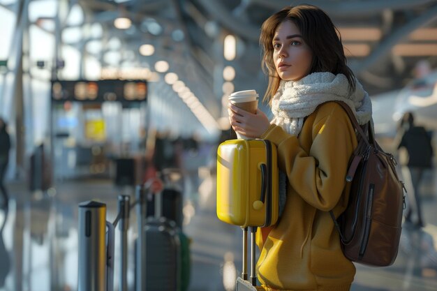 a woman with a suitcase and coffee at an airport