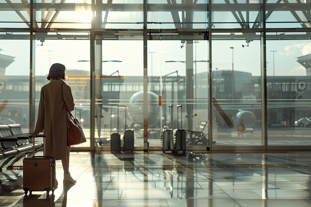 a woman with a suitcase and coffee at an airport