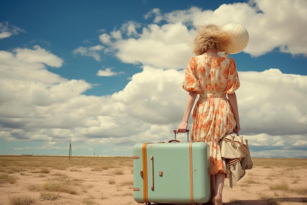 A woman with a suitcase is walking through the desert.